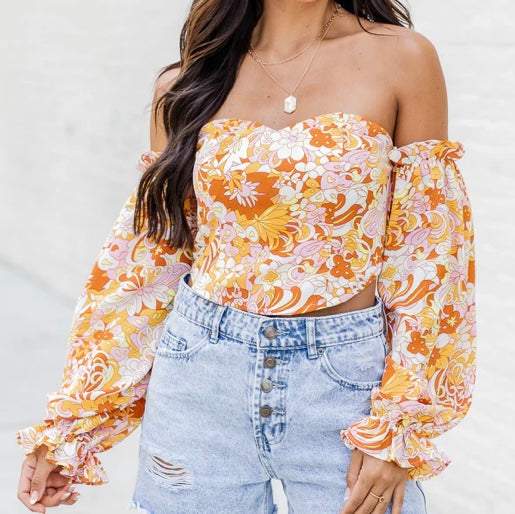 60s Floral Off Shoulder Corset Blouse - BEYOUtify Boutique