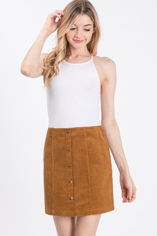 CORDUROY BUTTONED SKIRT (COGNAC) - BEYOUtify Boutique