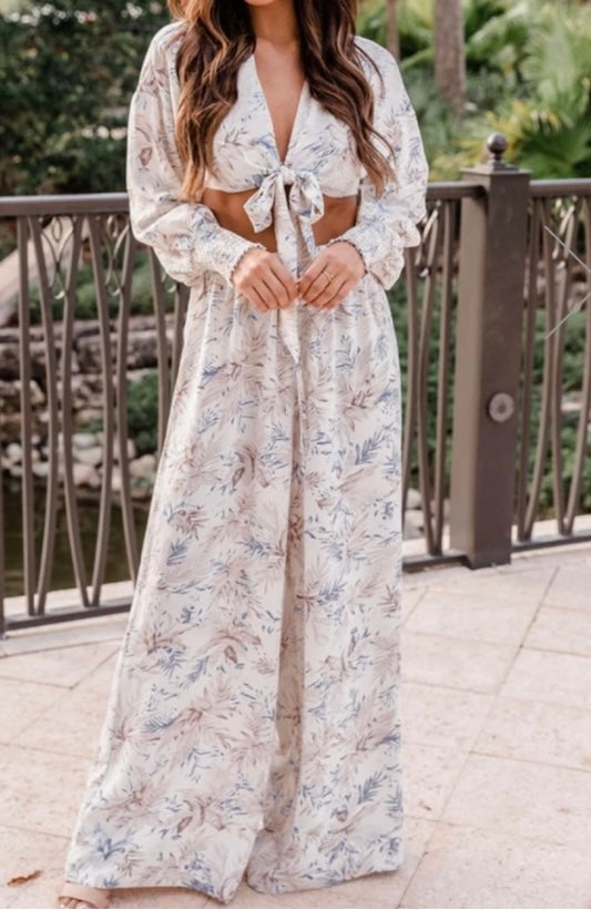 Blue Leaf Print Wide Leg Pants - BEYOUtify Boutique