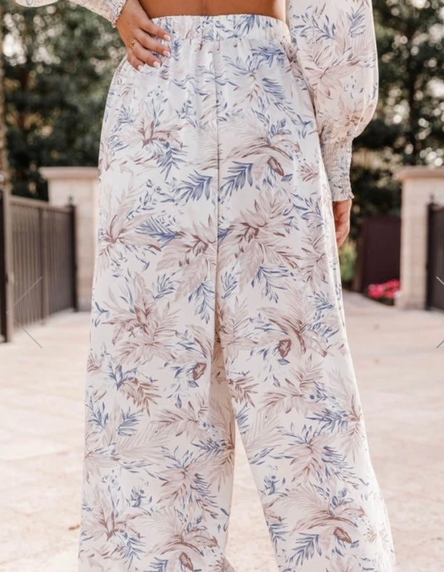 Blue Leaf Print Wide Leg Pants - BEYOUtify Boutique