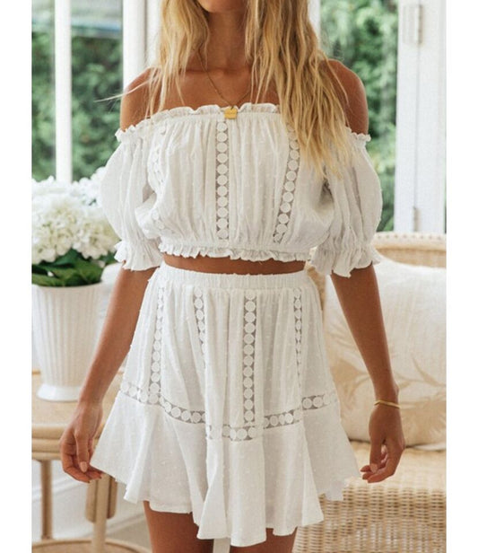 Two-Piece Crop Top Blouse & Midi Skirt (White) - BEYOUtify Boutique