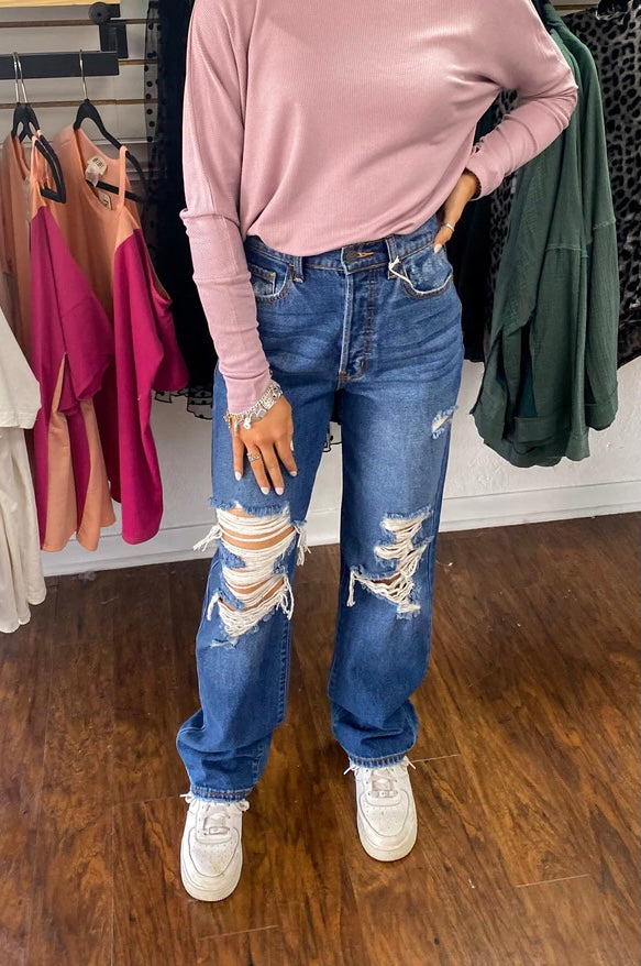 Cello High Rise Distressed Mom Jeans - BEYOUtify Boutique