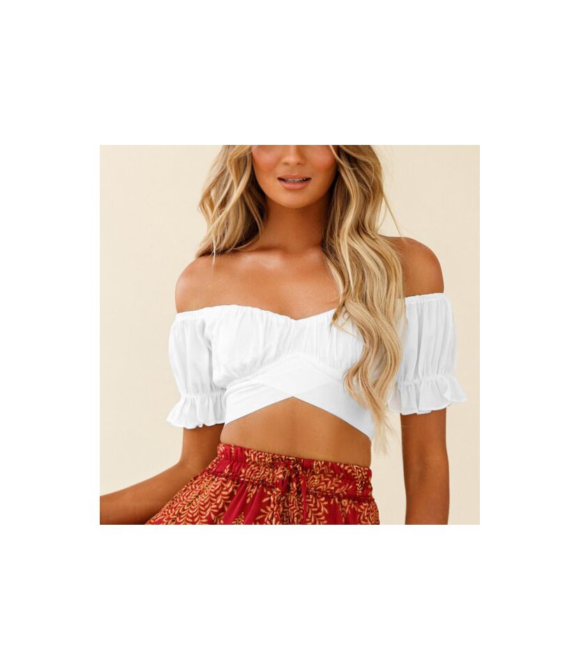 Maui Breeze Puff Sleeve Crop Top (White) (Black) - BEYOUtify Boutique
