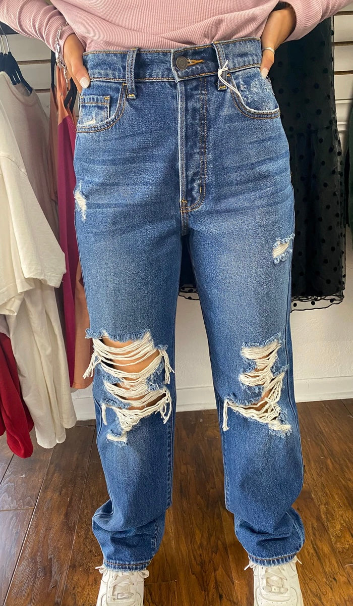 Cello High Rise Distressed Mom Jeans - BEYOUtify Boutique