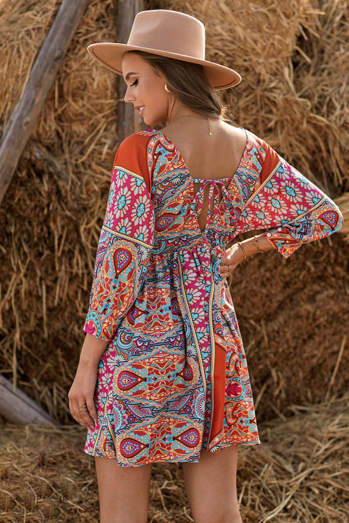 Boho Vintage Deep V Neck Dress - BEYOUtify Boutique