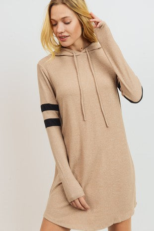 HOODIE DRESS CONTRAST STRIPES (TAUPE) - BEYOUtify Boutique