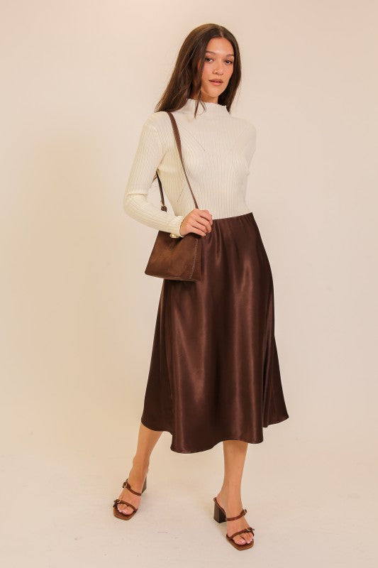 Fall Social Satin Midi Flare Skirt