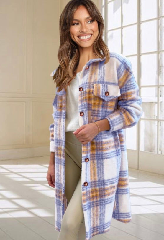 Women's Sweet To You Plaid Shacket Jacket (Blue) - BEYOUtify Boutique 